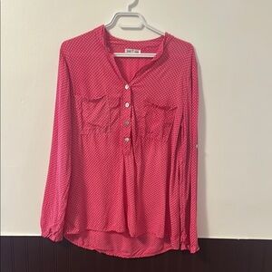 Made in Italy Pink Polka Dot Blouse – 100% Viscose, Frill Trim, Roll-Tab Sleeves